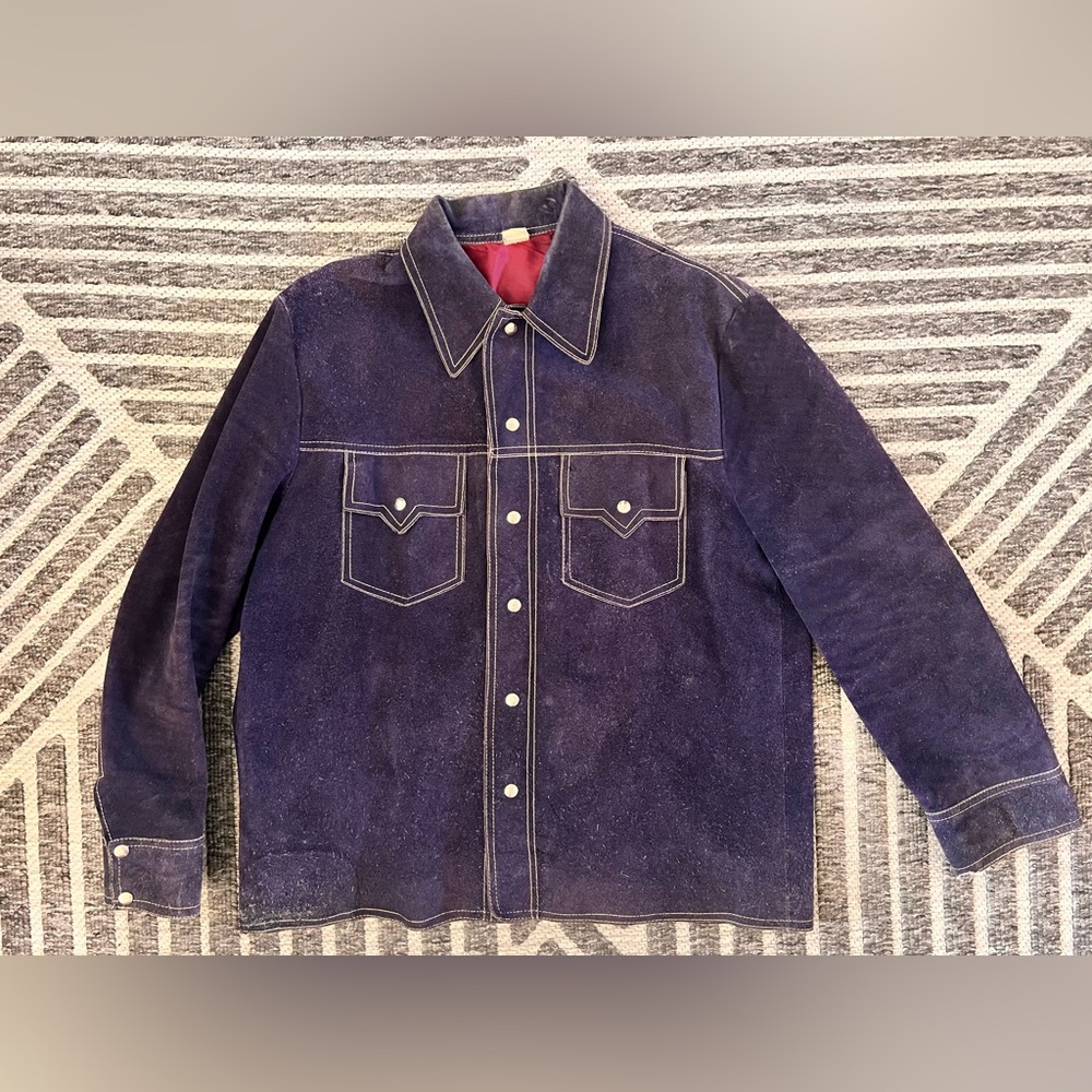 UNBRANDED 60s 70s Vintage Blue Suede Jacket Embroidered Crane in Back Size 48